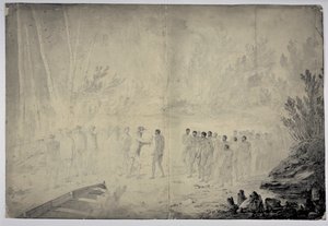 مقابلة الكابتن كوك مع السكان الأصليين في Adventure Bay ، Van Diemen&39;s Land ، 29 يناير 1777 ، c.1777 (قلم وحبر وغسل رمادي على الورق) بواسطة جون ويبر